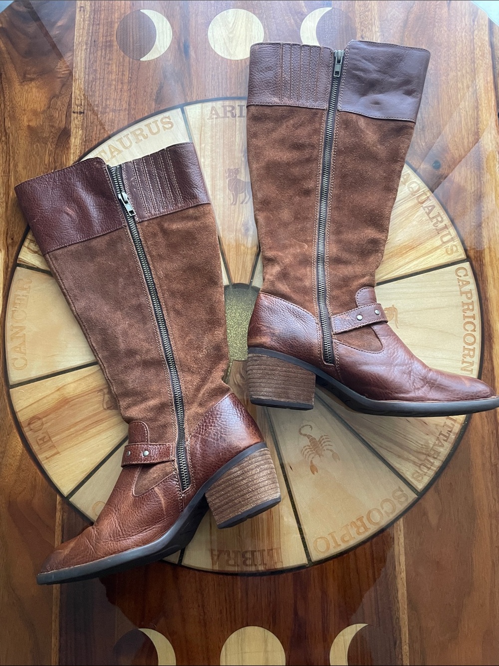 Born Alize Wide Calf Knee High Double Zip Brown Leather Suede Western Riding - Picture 2 of 11